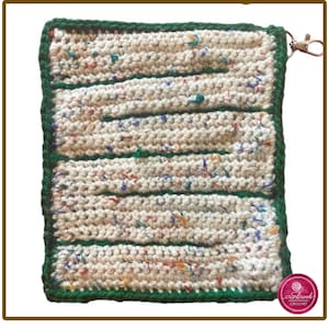 May include: A rectangular crochet pouch made of cream-coloured yarn with multicoloured flecks, featuring horizontal rows separated by dark green yarn borders. The pouch includes a metal lobster clasp attached to the top right corner for hanging.