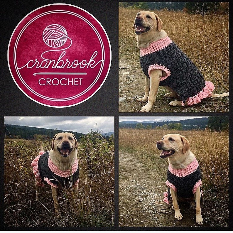 May include: A dog wearing a dark gray crochet sweater with light pink trim around the neck, armholes, and hem. The sweater features a ruffled edge at the back. A circular logo in the top left corner displays a yarn ball and the text cranbrook CROCHET.