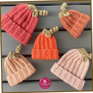 May include: Five crocheted beanies in various shades of pink and orange, each featuring a ribbed texture and a small, light green crocheted stem on top. A circular pink logo with the white text cranbrook CROCHET is positioned at the bottom center.