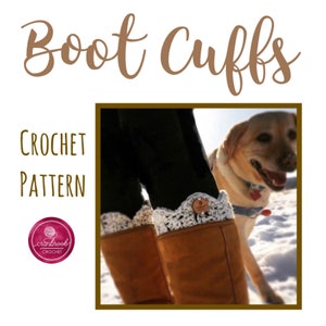 May include: Crochet boot cuffs in white yarn with a scalloped edge. The cuffs are worn over brown boots. The image also shows a dog in the background.