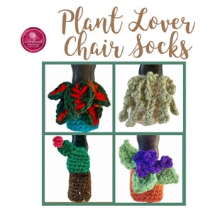 May include: Four crocheted chair socks in the shape of potted plants. The socks are green, brown, orange, and blue. The plants are a cactus, a leafy plant, a hanging plant, and a plant with red leaves.