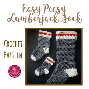 May include: Three crocheted socks in different sizes, with a gray and white pattern and red and white stripes at the top. The socks are on a black background. The text "Easy Peasy Lumberjack Sock CROCHET PATTERN" is above the socks.