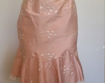 Embroidered skirt, S, peach skirt, silk skirt, flirty skirt, ruffled skirt, pink skirt, formal pink skirt, formal skirt