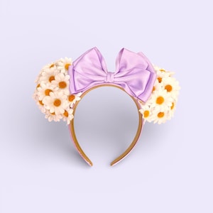 Daisy Flower Mouse Ears | Lavender Bow Floral Headband | Handmade Spring Theme Park Ears | Garden Festival Accessories