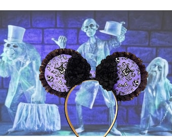 Haunted Mansion Inspired Mouse Ears | Purple Damask Gothic Headband | Halloween Theme Park Ears | Handmade Ghost Manor Accessories