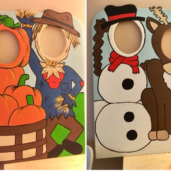 2 - 1 Reversible Fall and Winter Stand-in photo op. Custom and Personalized Face in hole board, Outdoor Fall and Christmas prop