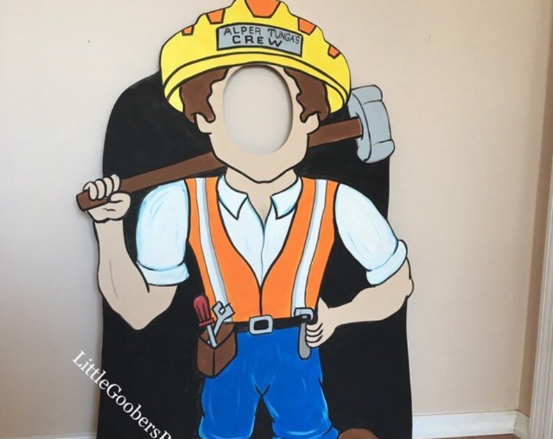 Construction Worker Photo Booth Prop Standin wood 1 Construction Birthday Party Face in Hole Cutout Indoor Outdoor Photo Prop