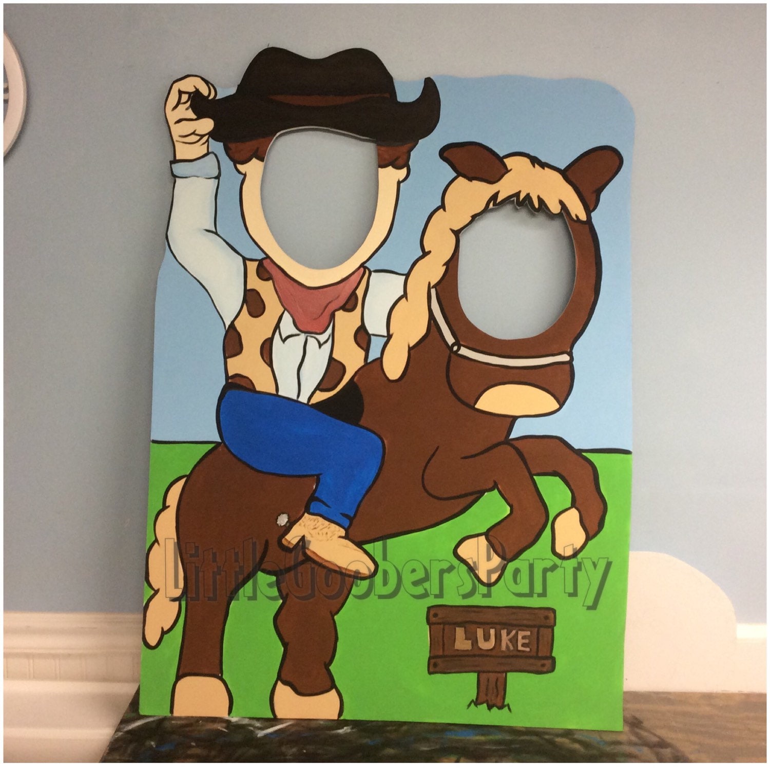 Cowboy Wooden Photo Booth Prop . 1 Large Cowboy Birthday Party Prop with Double Face Hole Stand-in Cutout . Rodeo Theme Party Outdoor decor