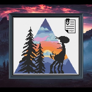 May include: A cross-stitch pattern featuring a mountain range with a sunset sky, two pine trees, and a silhouette of a creature with multiple legs. The pattern is framed in a black frame and includes a PDF download icon.