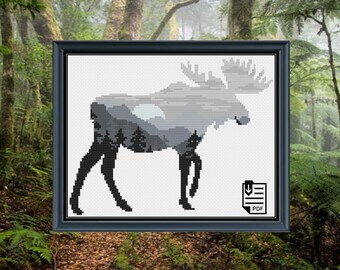 Woodland Moose Cross Stitch PDF PATTERN | Chart | Instant Download | Embroidery | XStitch | Modern | Pattern Keeper Compatible