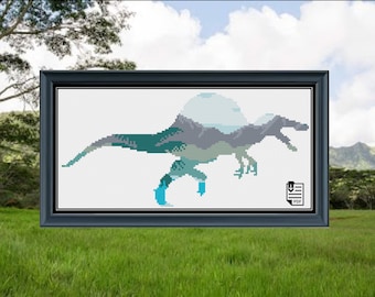 May include: Cross stitch pattern of a blue and gray dinosaur with a mountain range inside its body. The dinosaur is standing on a white background.