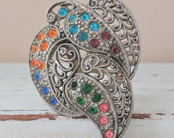 Vintage RAINBOW RHINESTONE Silver Filigree Dress CLIP / Scarf Clip / 1950's / gift boxed