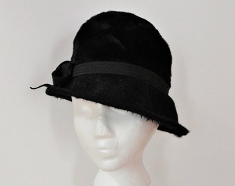 Ladies Vintage Black Faux Fur M'SIEU LEON HAT / Retro Designer Fedora