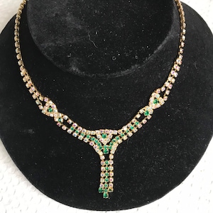Vintage Emerald Green & Aurora Borealis Rhinestone Necklace
