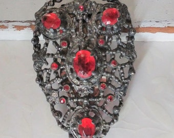 Gorgeous LITTLE NEMO  Red Rhinestone Filgree  Dress Clip / Signed LN/25 / Art Nouveau / Gift Boxed