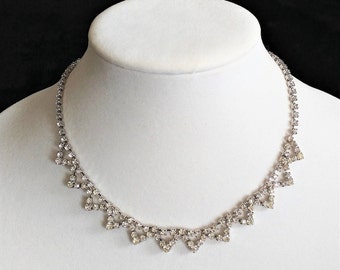 Stunning  Vintage CLEAR RHINESTONE NECKLACE / Fringe / Silver Plated Metal / Gift Boxed