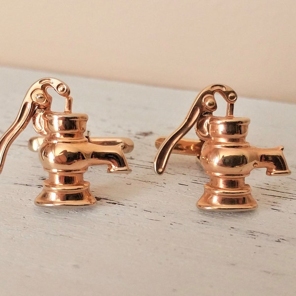 Vintage HICKOK  WATER PUMP Cufflinks / Gold Toned / Designer Signed / Mechanical / gift boxed