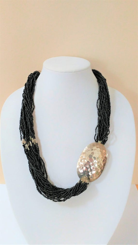 Vintage BLACK glass seed BEAD NECKLACE / Multi stran… Gem
