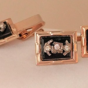 Vintage RHINESTONE TIE BAR & Cuff Link Set / Faux Onyx / Gift for Him / Gold Toned / gift boxed