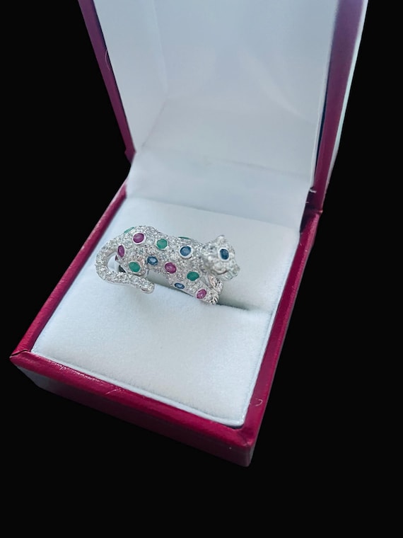 Estate Gemstone Panther / Leopard  ring / ruby em… - image 2