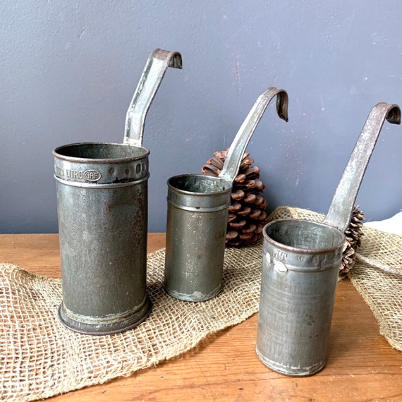 Antique Tin Measuring Cups With Long Handles,french Cottage