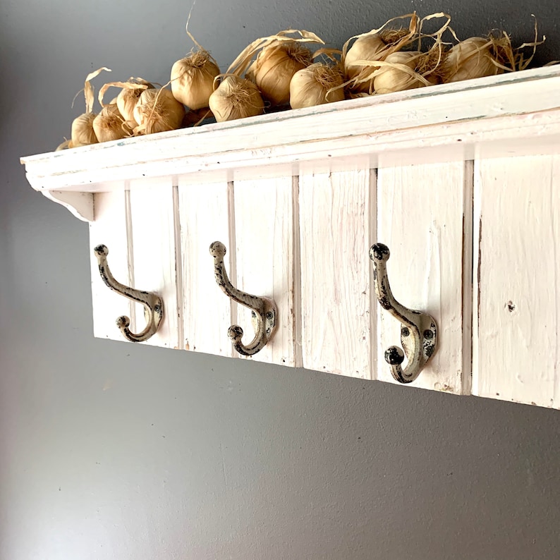 White Distressed Wooden Coat Rack, Farmhouse Wood Shelf, Rustic Wabi