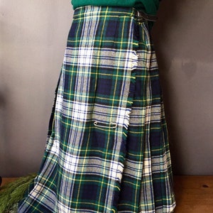 Vintage 70s Pringle Tartan Wool Kilt Skirt: Green Plaid, Made in Scotland