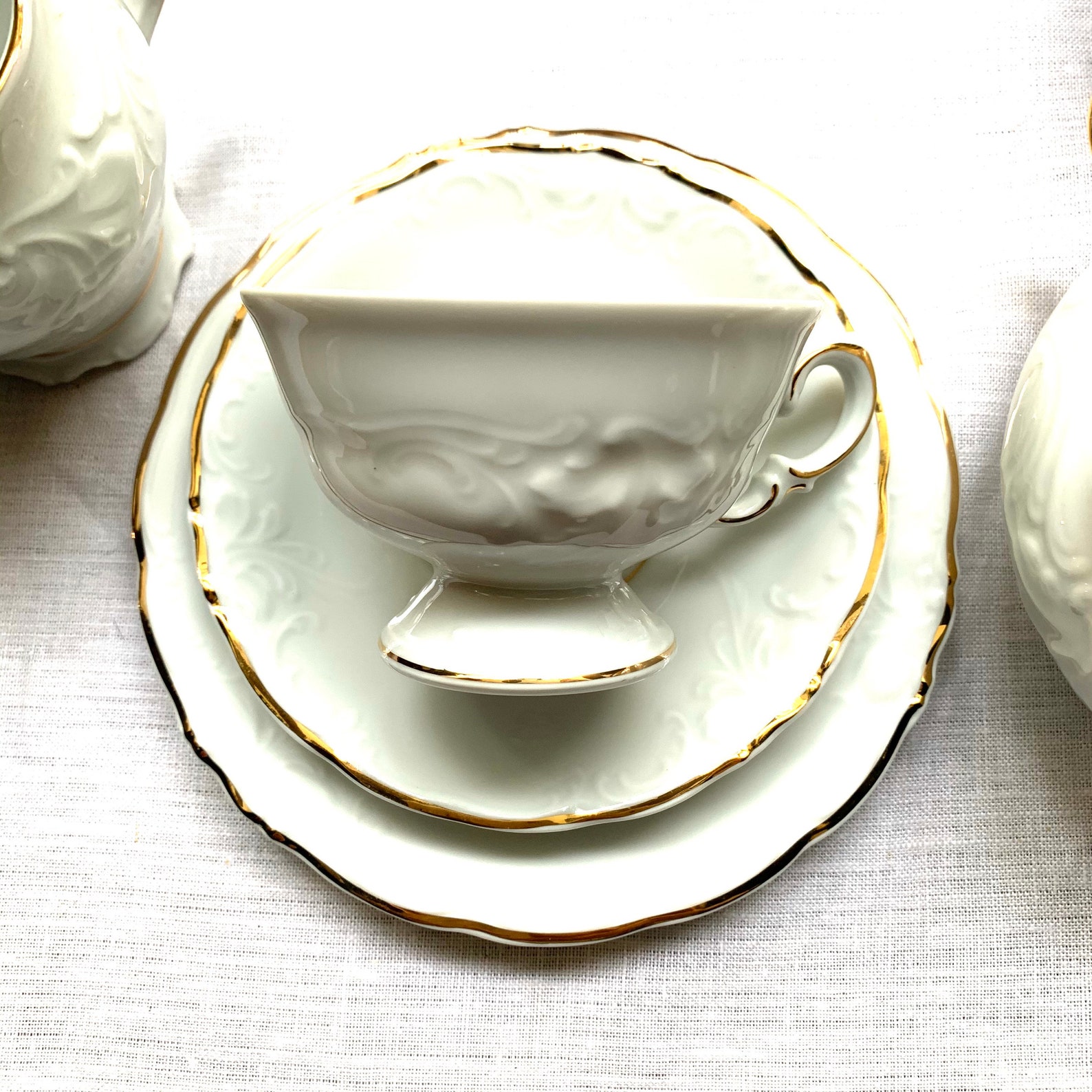 White and Gold Rim Tea Set, Porcelain Trio, Cup Saucer and Dessert Plate, Available 8 Trio Sets