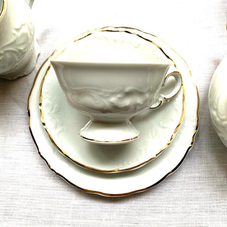 White and Gold Rim Tea Set, Porcelain Trio, Cup Saucer and Dessert