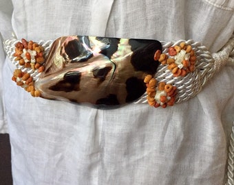 Vintage 80s Sea Shell Belt: Macrame Cord, Mother of Pearl 