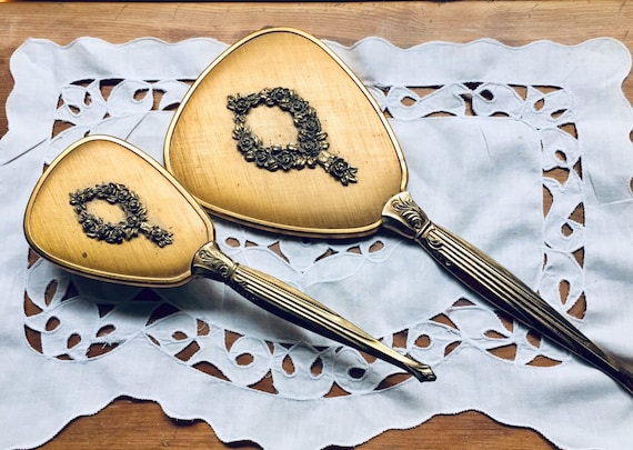 Vintage Hand Mirror and Brush, Mid Century, French Style, Ormolu