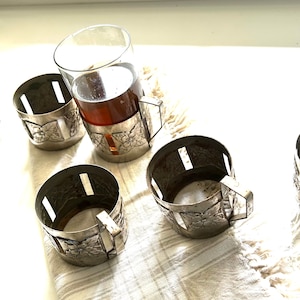 Vintage Polish Metal Tea Glass Holders: Dogwood Flower Design, Set of 6