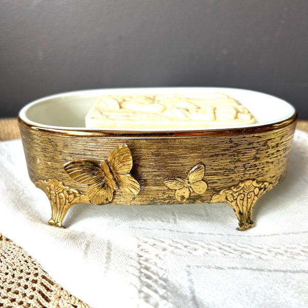 Ormolu Gold Soap Dish by Stylebuilt with Butterflies, Metal and Porcelain