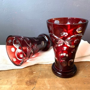 Vintage Ruby Red Cut to Clear Glass Vase: Cranberry Crystal Decor