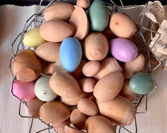 64 Piece Large Lot of Wooden Eggs, Unfinished and Colored, Split Eggs