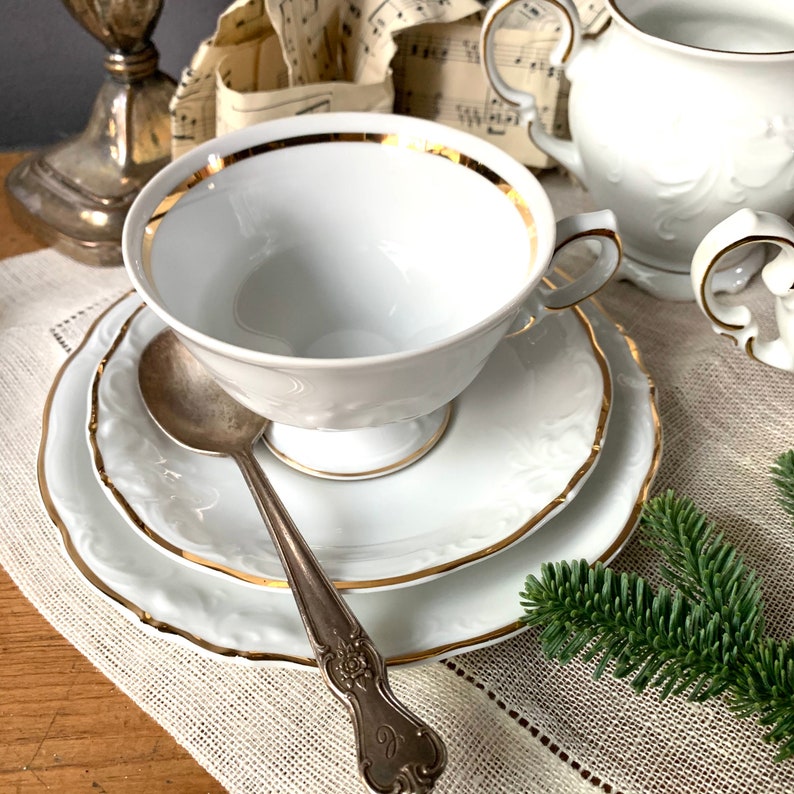 White and Gold Rim Tea Set Porcelain Trio Cup Saucer and Etsy