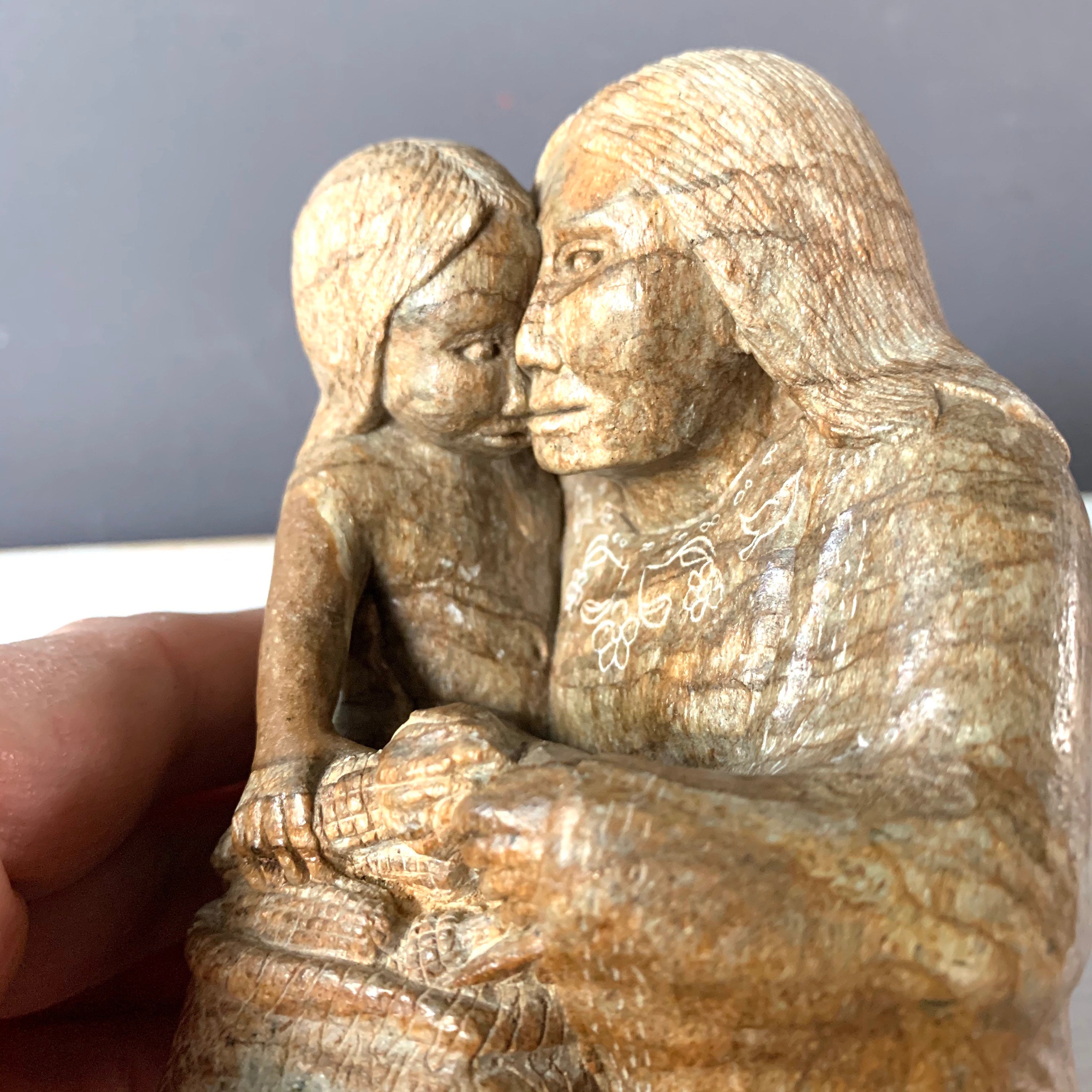 Native American Soapstone Sculpture: Mother and Child Signed EG