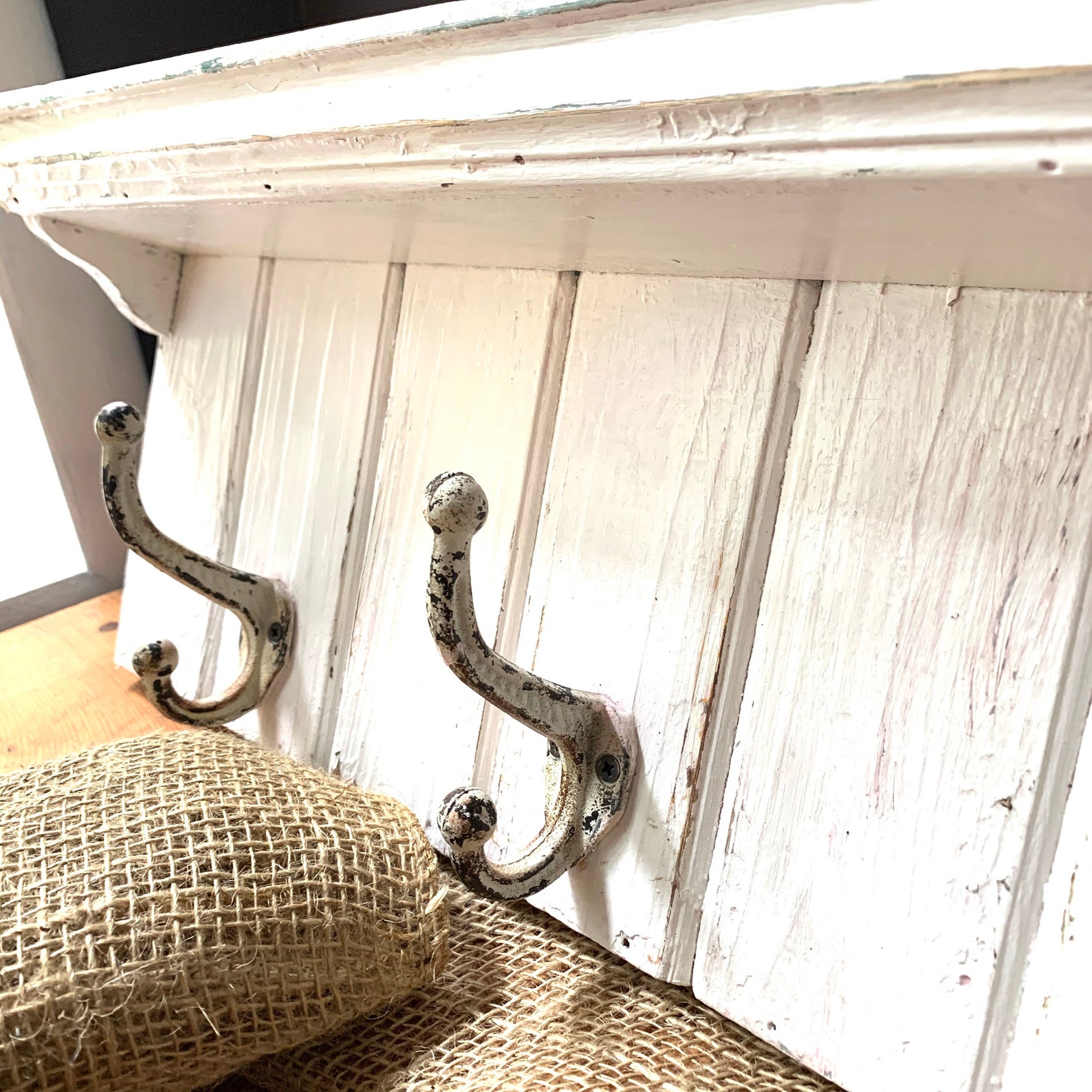 White Distressed Wooden Coat Rack, Farmhouse Wood Shelf, Rustic Wabi