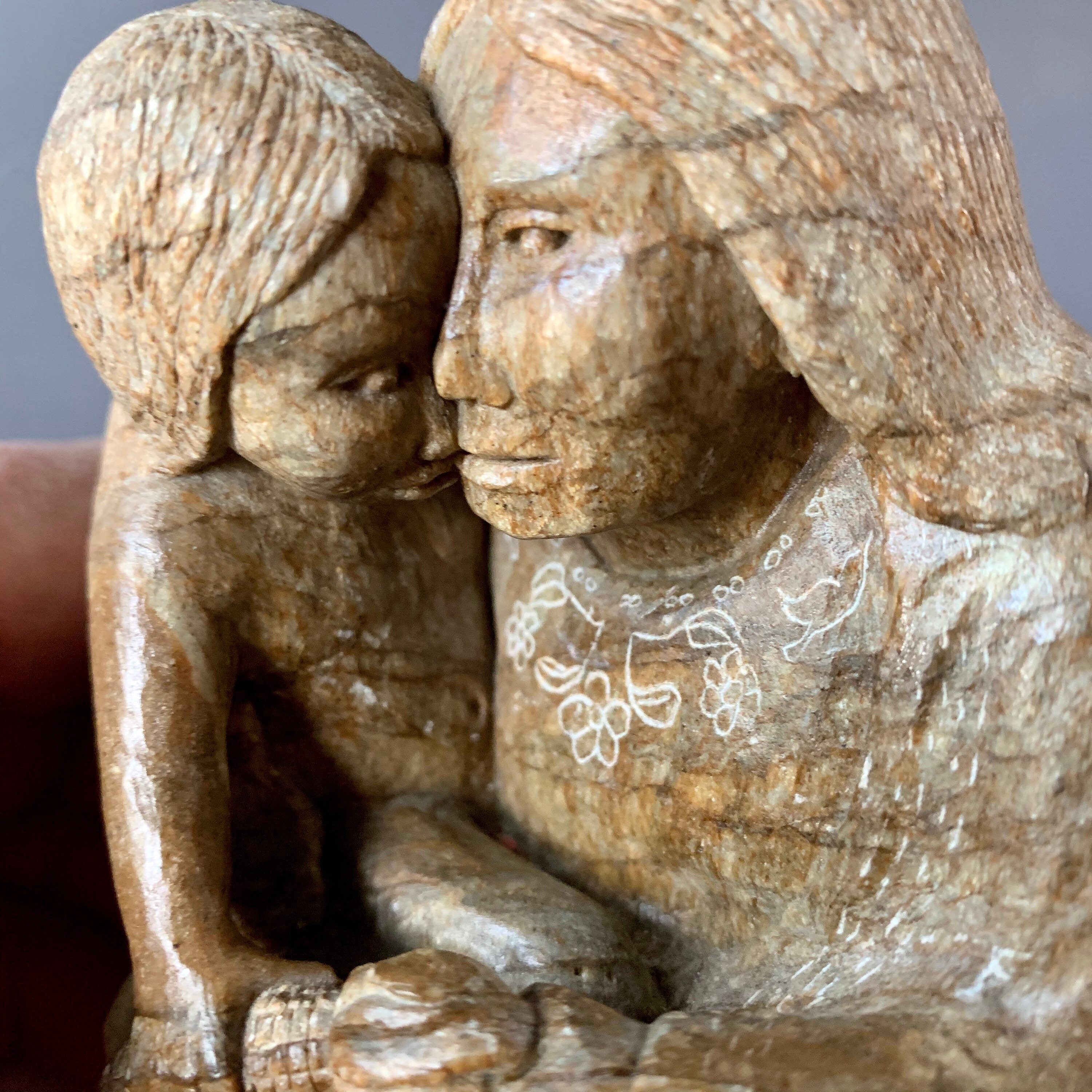 Native American Soapstone Sculpture: Mother and Child Signed EG