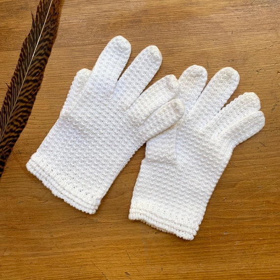 Vintage Crochet Gloves, White Cotton Knitted Glov… - image 3