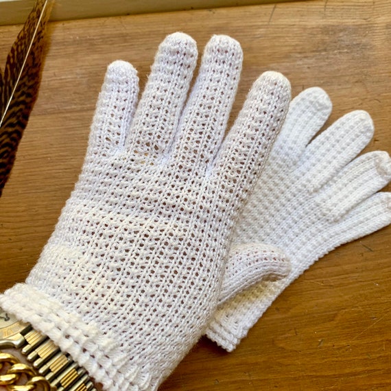 Vintage Crochet Gloves, White Cotton Knitted Glov… - image 5