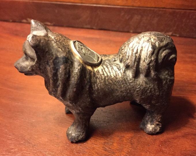 Vintage Miniature Dog Figurine Husky Dog Heavy Paper Weight Brass Dog Liberty Bell Mark Metal