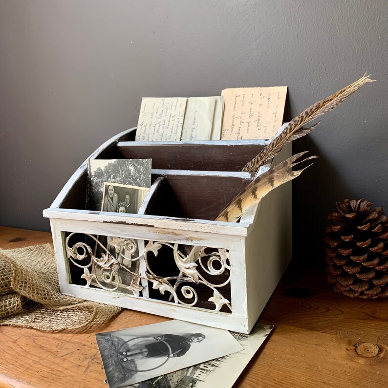 Vintage Desktop Organizer, Painted in White and Distressed. Etsy