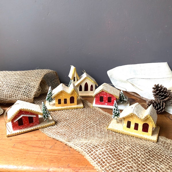 Vintage Christmas Putz Houses, Tree Ornaments, Set of 5 Pieces, Christmas Village