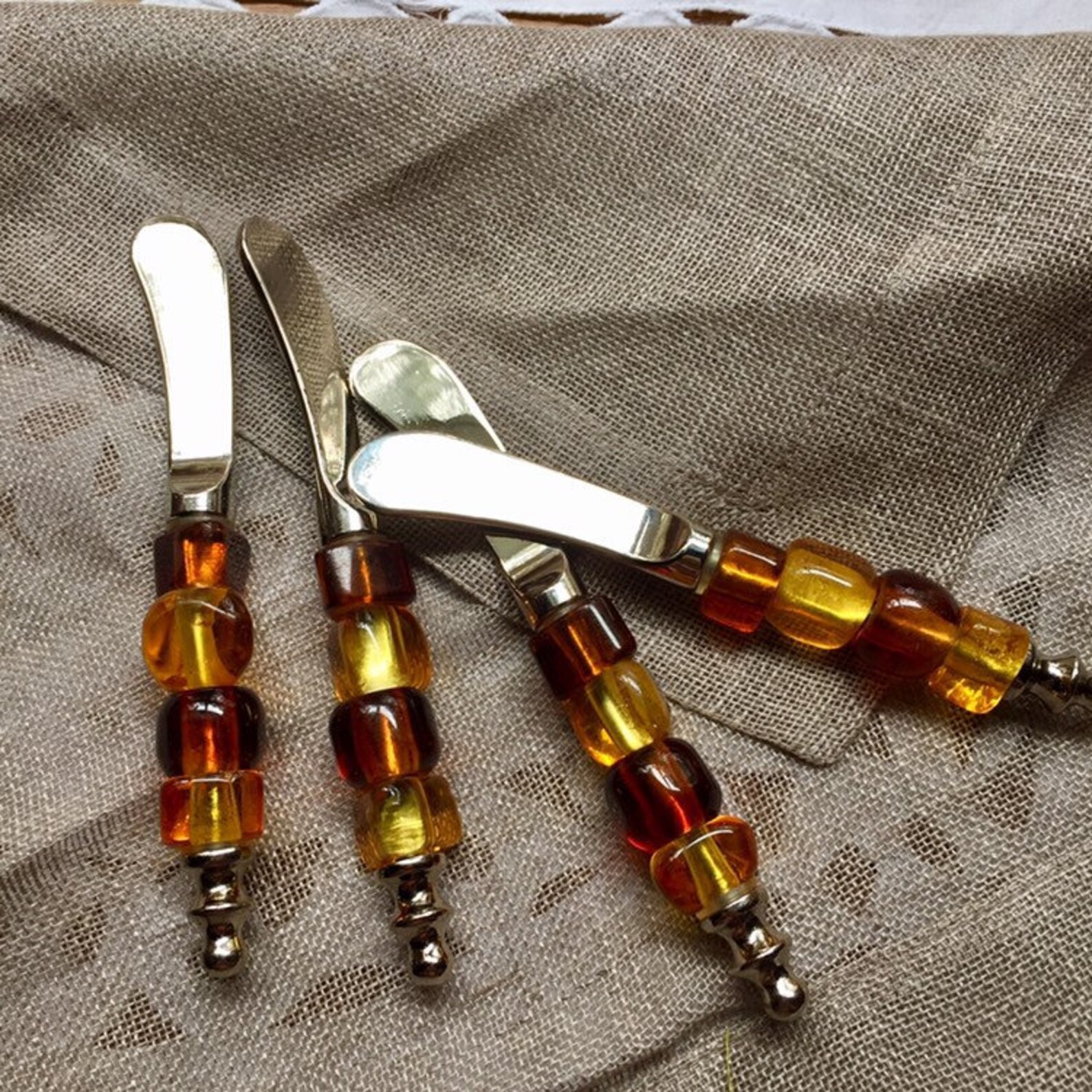 Butter Knives Set of 4 With Amber Color Glass Handles Knife Etsy