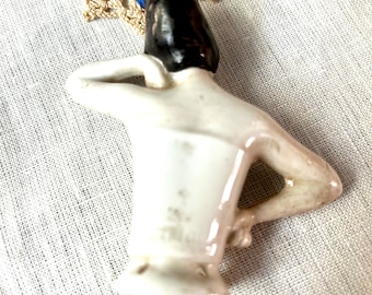 Antique German Half Doll Porcelain Pin Cushion Lady with Black Hair Spanish Style