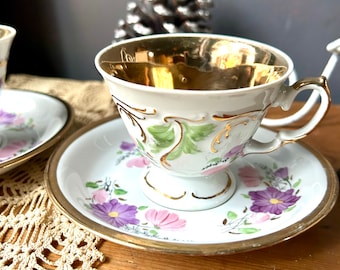 Vintage Fine China Teacup Set: Hand-Painted Gold Floral Footed Cups, Signed Cepelia Poland