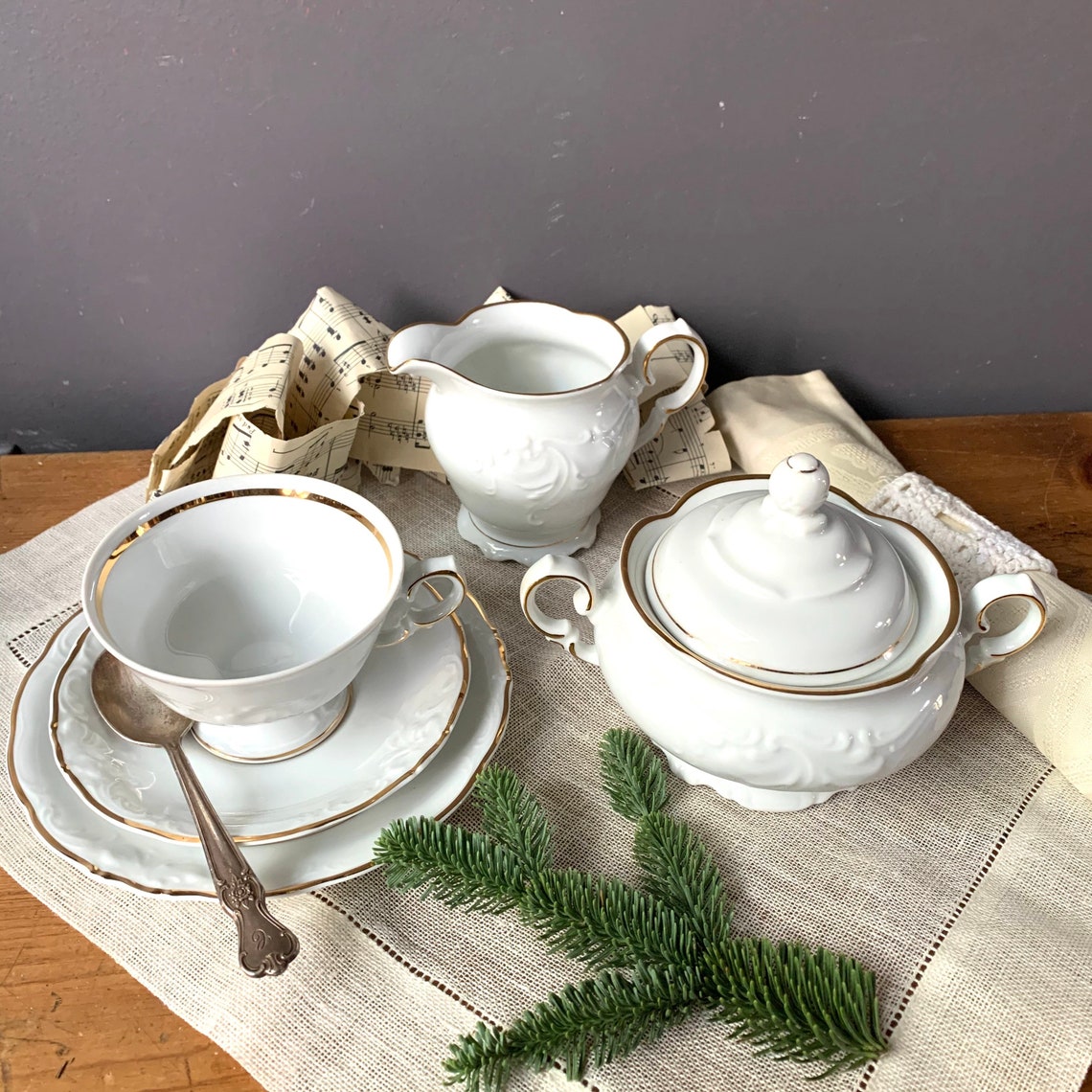 White and Gold Rim Tea Set Porcelain Trio Cup Saucer and Etsy