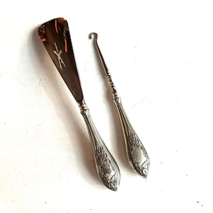 Antique Sterling Silver Victorian Shoe Horn and Button Hook, Edwardian Butler, Gentleman Vanity Tool, 1910 Sterling Silver, F&B Sterling