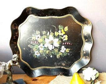 Antique Large Tole Tray, Hand Painted with Flowers, Vintage Toleware, Serving Tray